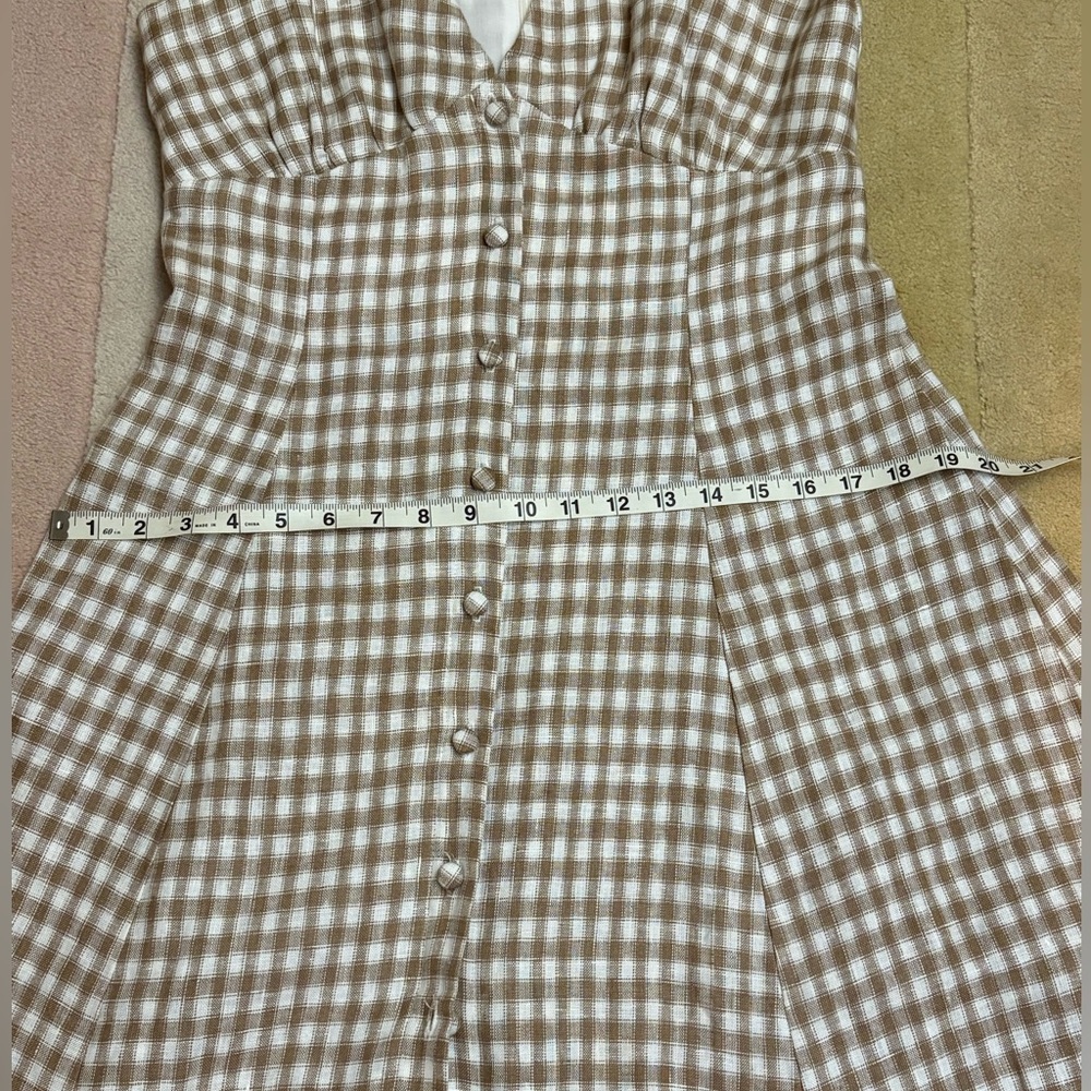 Reformation Sebastian linen Gingham Midi Dress in Cream and Tan Sz 8 - Picture 7 of 11